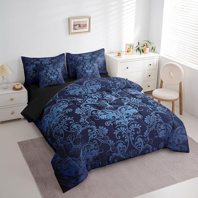 Erosebridal Gothic Damask Bed in a Bag King Size Comforter Set 7 Pieces,Sun Moon Tree of Life Bedding Sets Blue Victorian Floral Goth Sheet Set with Comforter