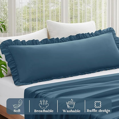 KKJIAF Ruffle Body Pillow Cases Set of 1, Ruffled Pillow Covers with Envelope Closure, Wrinkle Resistant Ruffled Long Pillow Shams 20" x 54", Dark Blue