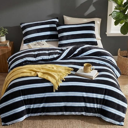 Bedbay Striped Comforter Set Fluffy Fleece King Comforter Set Soft Warm Flannel Velvet Comforter 3 Pcs Blue Black Striped Bedding Set Modern Stripes Pattern King Bed Set for All Seasons