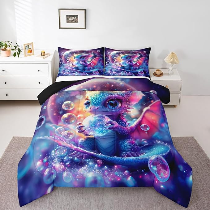 Feelyou Dragon Comforter Set Toddler Size Kawaii Comforter for Boys Girls Teens Wild Life Bedding Set Dragon Decor Duvet Set Room Decor Purple Blue Quilt Set