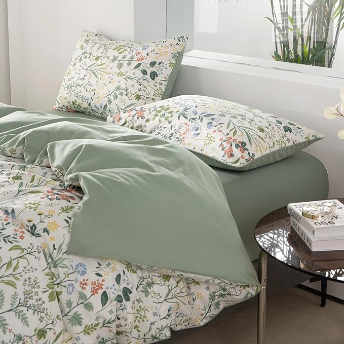 Mixinni Sage Green Floral Duvet Cover Set - Soft Cotton Cute Wildflower Green Leaves Print, Full Size, 1 Duvet Cover and 2 Pillowcases with Zipper & Ties