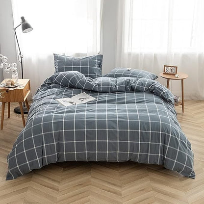 FACE TWO FACE Bedding Duvet Cover Set100% Washed Cotton Duvet Cover Linen Like Textured Breathable Durable Soft Comfy (Twin, Grey Green Grid)