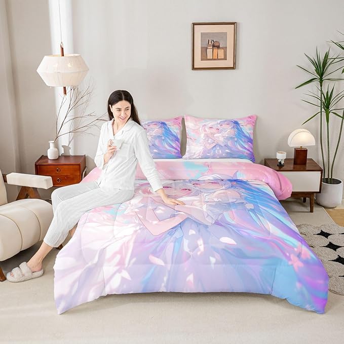 Erosebridal 3D Kawaii Girly Bedding Full Size, Japanese Girl Comforter Set for Kids Toddler Girls Cherry Blossoms Bedding Comforter Sets, Watercolor Romance Duvet Set Happy Friendship Down Comforter