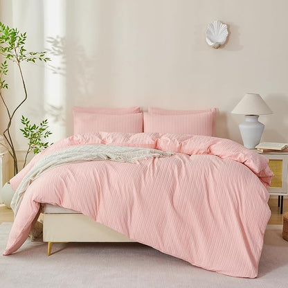 Pink Comforter Set Queen Size Soft Luxury Washed Microfiber Jacquard 3 Pieces Bedding Set, Pink Jade Vertical Ticking Stripes Comforter with 2 Pillowcases Breathable Durable Comfy