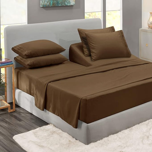 Clara Clark Flex Top King Sheets, 6 Piece Set - Hotel Luxury Sheets for Top Split King Bed, Super Soft Bedding Set, Head Split King Chocolate Brown