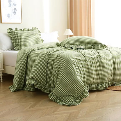 Olive Green/White Checkered Ruffle 3-Piece Duvet Cover Set Twin Size,Washed Cotton Shabby Gingham Plaid Bedding Set Farmhouse Comforter Set(Twin,Olive Green)
