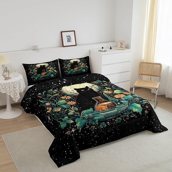Cute Cat Kids Bedding Set Queen Size,Flower Leaves Comforter Set Moon Night Starry Sky Quilt Set for Girls Boys Teens Room Decor,Trippy Pet Animals Plant Duvet Insert,2 Pillowcases,Black