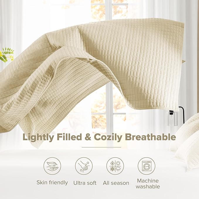 Comfort Spaces Ivory Oversized King Quilt Set 120"x118" Bedspread Quilted Summer Lightweight Microfiber Bedding Coverlet with Double Sided Stitching Soft All Season Cozy 3 Piece with Matching Shams