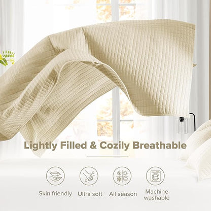 Comfort Spaces Kienna Quilt Set- Double Sided Stitching Design Summer Blanket, Lightweight, Soft, All Season Bedding Layer, Matching Sham, Ivory, Coverlet King (104"x90") 3 Piece