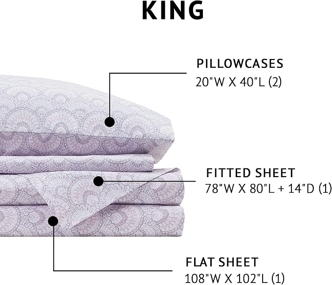 Comfort Spaces 100% Cotton Sheet Set Breathable, Lightweight, Soft with 14" Elastic Pocket Fits up to 16" Mattress, All Season Cozy Bedding, Matching Pillow Case, King Tabitha Purple 4 Piece