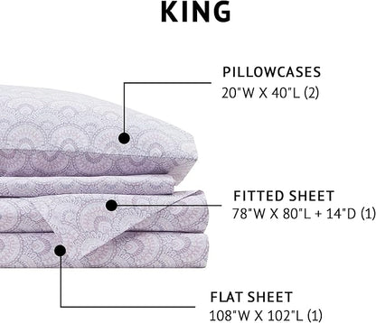 Comfort Spaces 100% Cotton Sheet Set Breathable, Lightweight, Soft with 14" Elastic Pocket Fits up to 16" Mattress, All Season Cozy Bedding, Matching Pillow Case, King Tabitha Purple 4 Piece