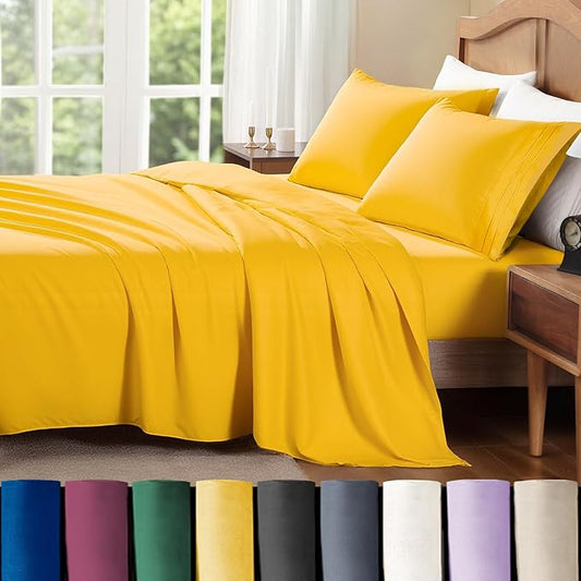 ClevaHome Queen Sheet Set, 4-Piece Bed Sheets for Queen Size Bed, Lightweight & Super Soft Easy Care Microfiber– Shrinkage & Fade Resistant Bedding Set with 14'' Deep Pockets (Mustard)