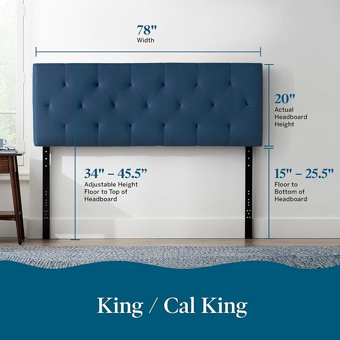 Lucid Mid-Rise Upholstered Headboard - Diamond Tufted - Padded Polyester - Adjustable Height from 34” to 46” - Easy Assembly - Bed Frame or Wall Mount - Sturdy - Cobalt - King / Cal King Size