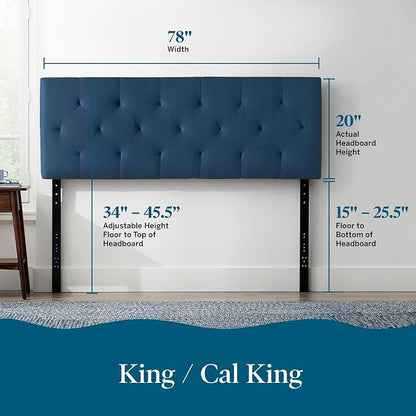 Lucid Mid-Rise Upholstered Headboard - Diamond Tufted - Padded Polyester - Adjustable Height from 34” to 46” - Easy Assembly - Bed Frame or Wall Mount - Sturdy - Cobalt - King / Cal King Size