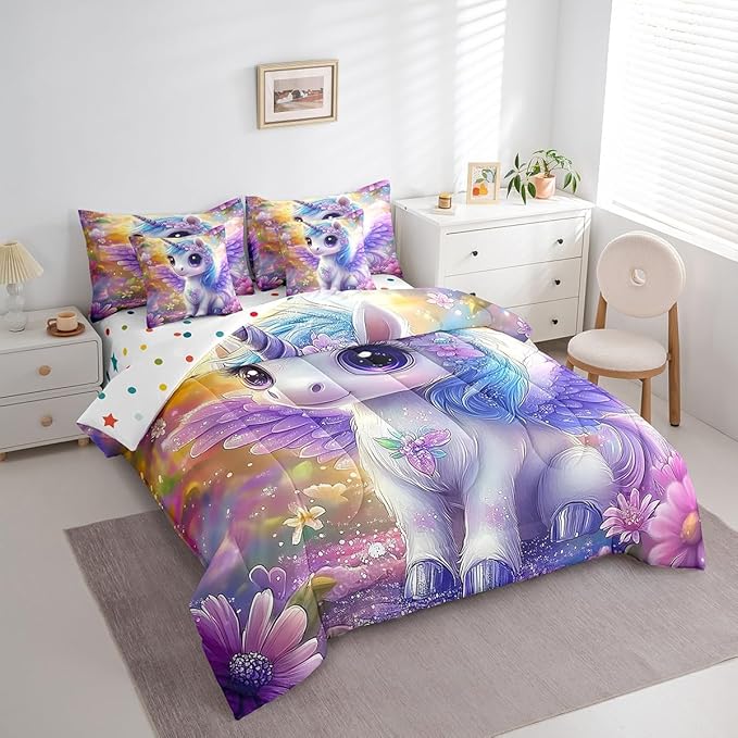 Feelyou Unicorn Comforter Set 7 Pieces Queen Size Floral Flower Bedding Set for Boys Girls Dreamy Horse Bed in a Bag with Comforter, Sheets, Pillowcases & Cushion Covers