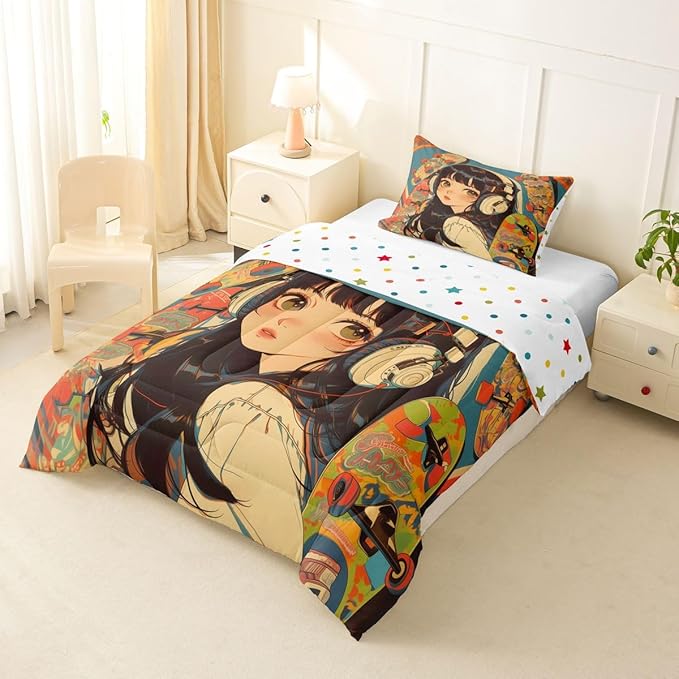 Erosebridal 2Pcs Anime Bedding Fashion Street Girls Comforter Set 3D Cartoon Printed Comfortable Soft Bed Set for Kids Boys Girls Teens Tattoo Watercolor Art Japanese Style Duvet Set Twin Size
