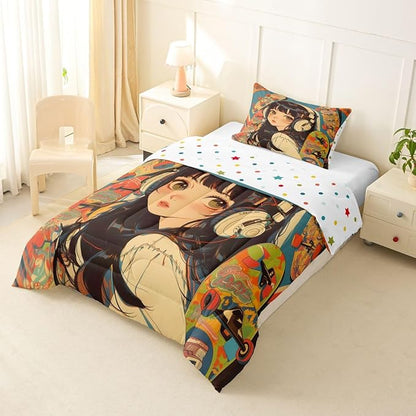 Erosebridal 2Pcs Anime Bedding Fashion Street Girls Comforter Set 3D Cartoon Printed Comfortable Soft Bed Set for Kids Boys Girls Teens Tattoo Watercolor Art Japanese Style Duvet Set Twin Size