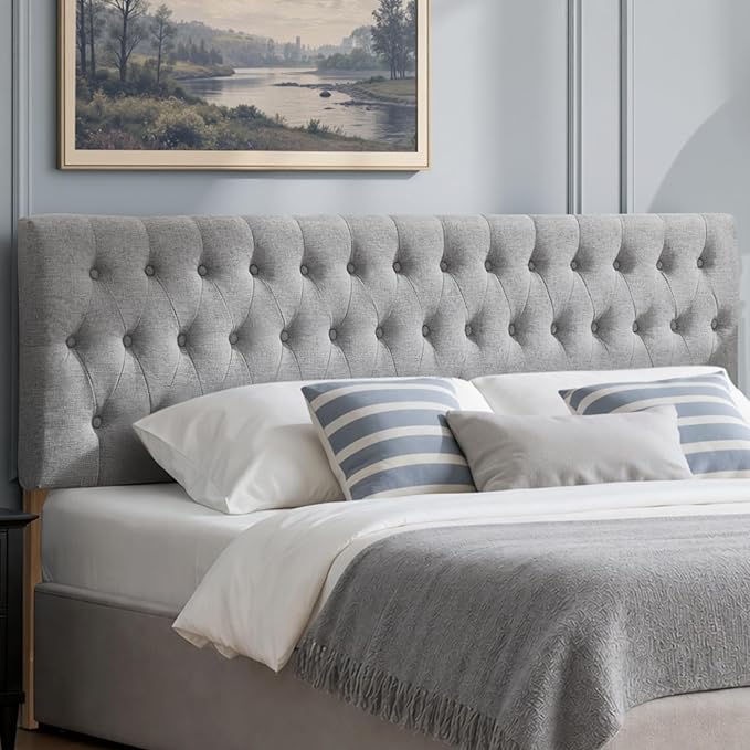 Tufted Upholstered Full Size Bed Headboard in Modern Button Design, Adjustable Solid Wood Head Board, Premium Linen Fabric Padded Headboards in Bedroom (Grey)