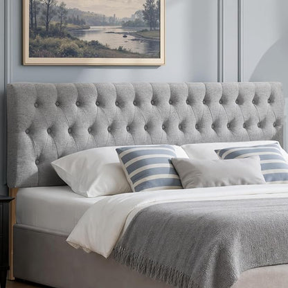 Tufted Upholstered Full Size Bed Headboard in Modern Button Design, Adjustable Solid Wood Head Board, Premium Linen Fabric Padded Headboards in Bedroom (Grey)