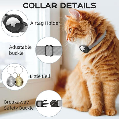 AirTag Cat Collars, Stretchy Collar with AirTag Holder and Bell | Breakaway - Ultra Design Elastic - GPS Tracking Collars - Adjustable Size for Cats & Puppies 7.5-12.5" - (Gray)