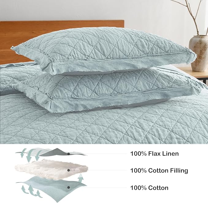 HORIMOTE HOME 100% Linen Front/100% Cotton Back Quilt Set King Size, Paleturquoise Pre-Washed European Flax Linen Quilt, Diamond Stitch Bedspread Coverlet Bedding Set 3-Piece for All Seasons