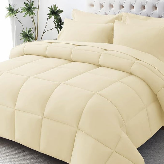 JOLLYVOGUE Twin XL Comforter Set, Ultra-Soft Bed in a Bag Twin XL Size 5 Pieces, Oeko-TEX Certified Bedding Set with Down Alternative Comforter, Sheets, Pillowcases & Shams, Light Yellow