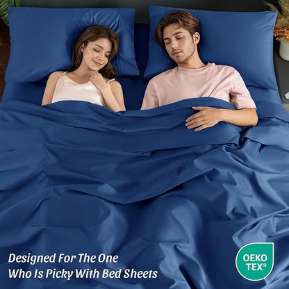 100% Egyptian Cotton Sheets 1200 Thread Count King Size Bedding Sets 4 Pcs, Fitted Sheet Up to 16" Deep Breathable All Seasons (King, Navy Blue)