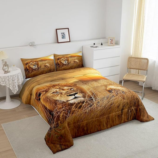 Lion Bedding Set King Size,3D Print Wild Animals Comforter Set for Teens Adult Men Room Decor,Natural Sunset View Quilt Set Rustic Prairie Duvet Insert 3pcs with 2 Pillowcases