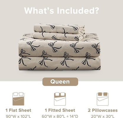 Comfort Spaces 100% Cotton Sheets Queen, Breathable, Naturally Cool Cotton Sheets, Cotton Bed Sheets with 14" Elastic Pocket Fits up to 16" Mattress, All Seasons Sheet Set, Bow Black/Taupe 4 Piece