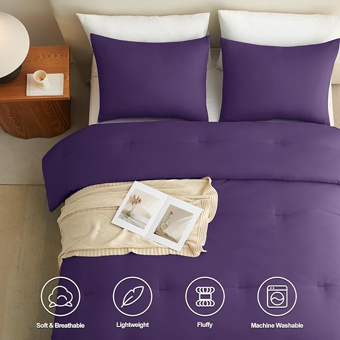 CozyLux King Size Comforter Set Purple, 3 Pieces Solid Comforters King Size Breathable Quilted Bedding Set, Luxury Soft Lightweight Bed Set with Down Alternative Comforter and 2 Pillowcases All Season