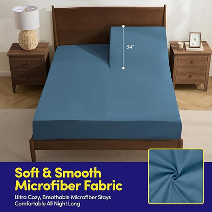Split Head King Sheets Set for Adjustable Beds 4 Piece Flex Top Bed Sheets – Deep Pocket Split Top Fitted Sheet with Built-in Corner Straps, Luxury Soft Cooling Bedding, Wrinkle Resistant, Denim