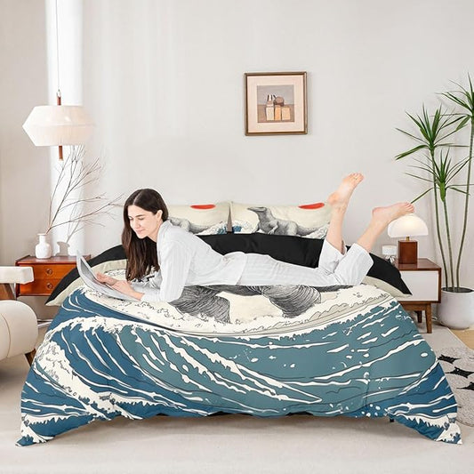 Feelyou Dinosaur Monster Bedding Set King Size Japanese Ukiyoe Theme Duvet Cover for Adult Kids Boys Girls Cool Animal Comforter Cover Set Asian Anime Bedspread Cover 3Pcs Zipper