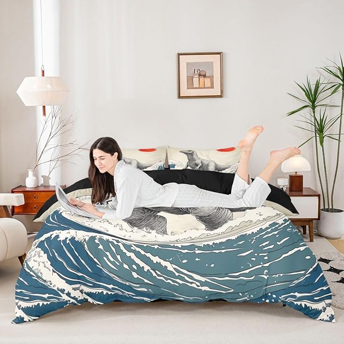 Feelyou Dinosaur Monster Bedding Set Twin Size Japanese Ukiyoe Theme Duvet Cover for Adult Kids Boys Girls Cool Animal Comforter Cover Set Asian Anime Bedspread Cover 2Pcs Zipper