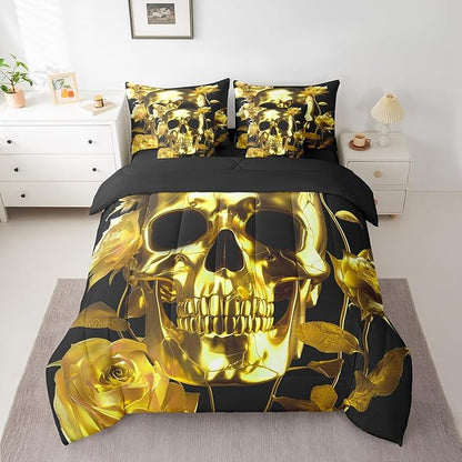 Erosebridal Gold Sugar Skull Bed in a Bag Queen Comforter Set 7 Piece,Gothic Skeleton Bedding Sets Rose Flowers Sheet Set with Comforter