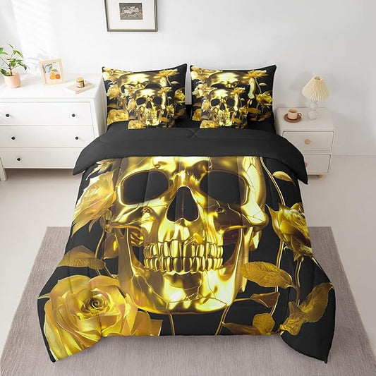 Erosebridal Gold Sugar Skull 7 Piece Comforter Set Full Bed in a Bag,Gothic Skeleton Bedding Sets Rose Flowers Sheet Set with Comforter