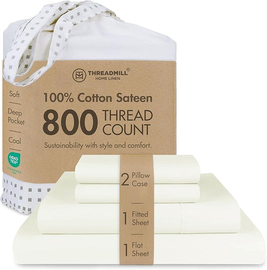 Threadmill Luxury 800 Thread Count King 100% Cotton Sheets - Ivory Sateen Weave Bed-Sheets, Better Than Egyptian Cotton, 4 Pc Solid Soft Bed Set, Fits 16" Deep Pocket