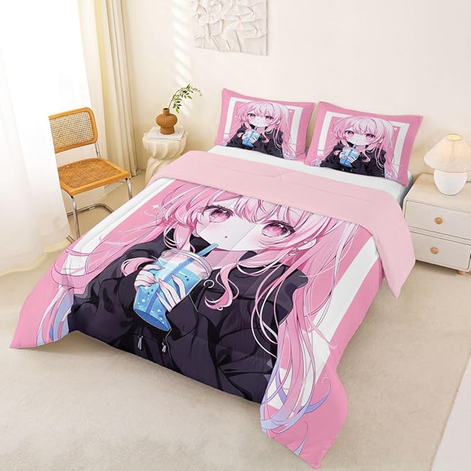 Erosebridal 3D Japanese Kids Comforter Set | Anime Girl Drinking Milk Tea Bedding King,Cute Kawaii Girly Down Comforter Modern Fashion Aesthetic Duvet Set for Bedroom