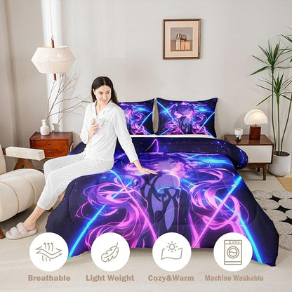 Erosebridal 3D Anime Kids Bedding | Japanese Girl Full Comforter Sets,Girly Galaxy Stars Comforter Purple Neon Duvet Insert with 2 Pillow Cases