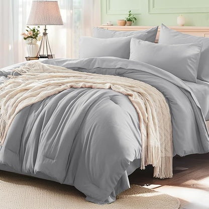 Anluoer Light Grey California King Comforter Set 7 Pieces, Bed in a Bag with Sheets, All Season Bedding Sets with 1 Comforter, 2 Pillow Shams, 2 Pillowcases, 1 Flat Sheet, 1 Fitted Sheet