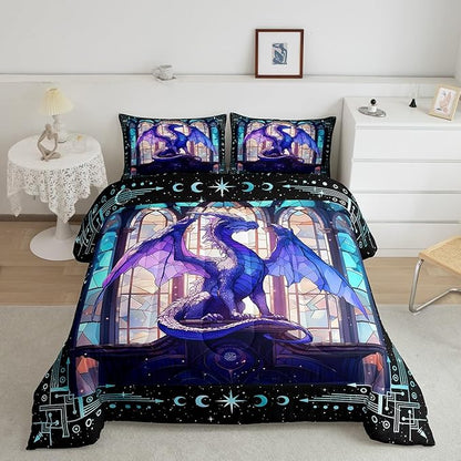 Feelyou Dragon Comforter Set Twin Size Dragon Stuff Comforter for Boys Girls Teens Modern Bedding Set Dragon Decor Duvet Set Room Decor Purple Quilt Set