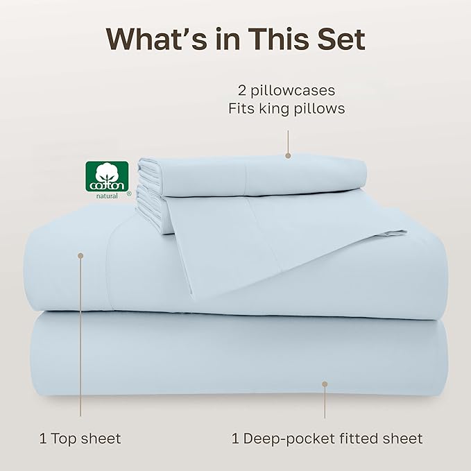 California Design Den - King Size Sheets Set, Soft 100% Cotton Sheets Deep Pockets Set, Snug Fit Elastic, 500 Thread Count Sateen, Premium Quality Bedsheet Set - Blue (Grey Tone)