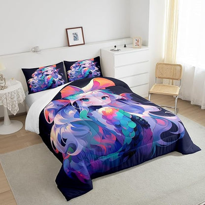Erosebridal Anime Girl Bedding Comforters & Sets 3D Japanese Bedding Kawaii Girly Comforter Set, Anime Lovers Gifts Bedding Sets Warm Lightweight Duvet Set for All Season, Full 3Pcs
