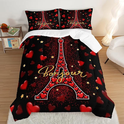 Eiffel Tower King Size Comforter Sets,Red Loving Heart Romantic Couple Bedding Set,Paris Bedding Comforter Sets for Women Room Eiffel Tower Decor with 2 Pillowcases.
