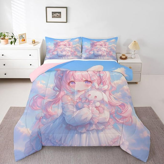 Erosebridal Kawaii Girl Bedding Twin,3D Anime Gifts Comforter Set Japanese Girl with Curly Hair Bed Sets Romance Style Duvet Insert 2 Pieces