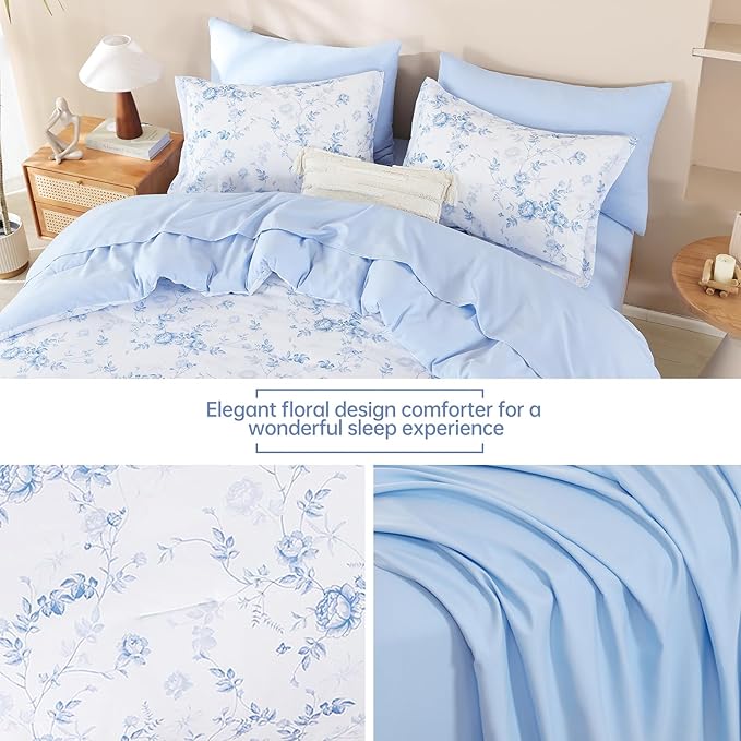 Luxudecor Floral King Comforter Set 7 Pieces Bed in a Bag, Blue Rose Romantic Flower Bed Set, Soft Reversible Comforter with Sheet Set 104"x90"