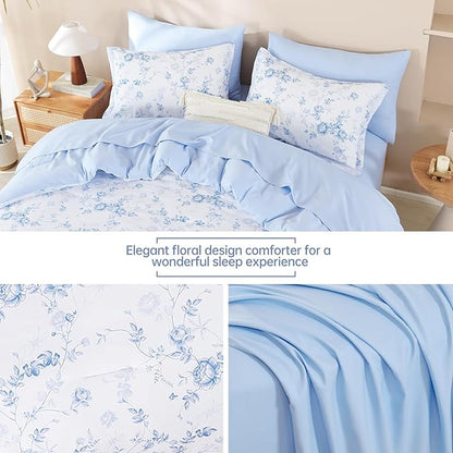 Luxudecor Floral Queen Comforter Set 7 Pieces Bed in a Bag, Blue Rose Romantic Flower Bed Set, Soft Reversible Comforter with Sheet Set 90"x90"