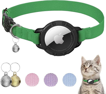 AirTag Cat Collars, Stretchy Collar with AirTag Holder and Bell | Breakaway - Ultra Design Elastic - GPS Tracking Collars - Adjustable Size for Cats & Puppies 7.5-12.5" - (Emerald Green)