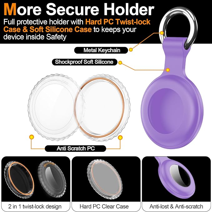 1|2|4Pack for Apple AirTag Holder with Keychain for Air Tag 2nd/1st Gen | Waterproof Air Tag Cover GPS Tracker Anti-Scratch Silicone Air-Tag Case for Pets,Kids,Bags,Luggages-Pink+Purple