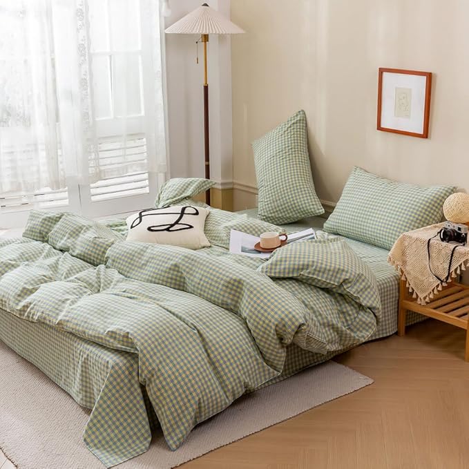 EAVD Blue Yellow Gingham Comforter Set King Soft Mini Grid Plaid Checkered Pattern Bedding Set with 2 Pillowcases Modern Farmhouse Gingham Plaid Comforter Set for All-Season