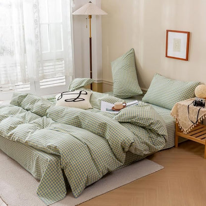 EAVD Blue Yellow Gingham Comforter Set Full Soft Mini Grid Plaid Checkered Pattern Bedding Set with 2 Pillowcases Modern Farmhouse Gingham Plaid Comforter Set for All-Season